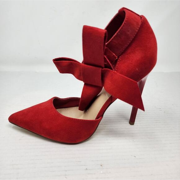 Just Fab Red Bow Stilettos Heels Ankle Strap Pointed Toe Heels Women's Size 9 - Picture 3 of 13
